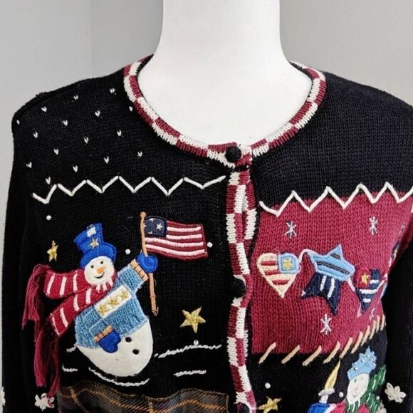 Ugly Christmas Sweater Black Holiday Patriotic Snowman Cardigan Crewneck Size MP - Picture 4 of 8